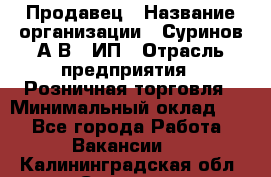 Продавец › Название организации ­ Суринов А.В., ИП › Отрасль предприятия ­ Розничная торговля › Минимальный оклад ­ 1 - Все города Работа » Вакансии   . Калининградская обл.,Советск г.